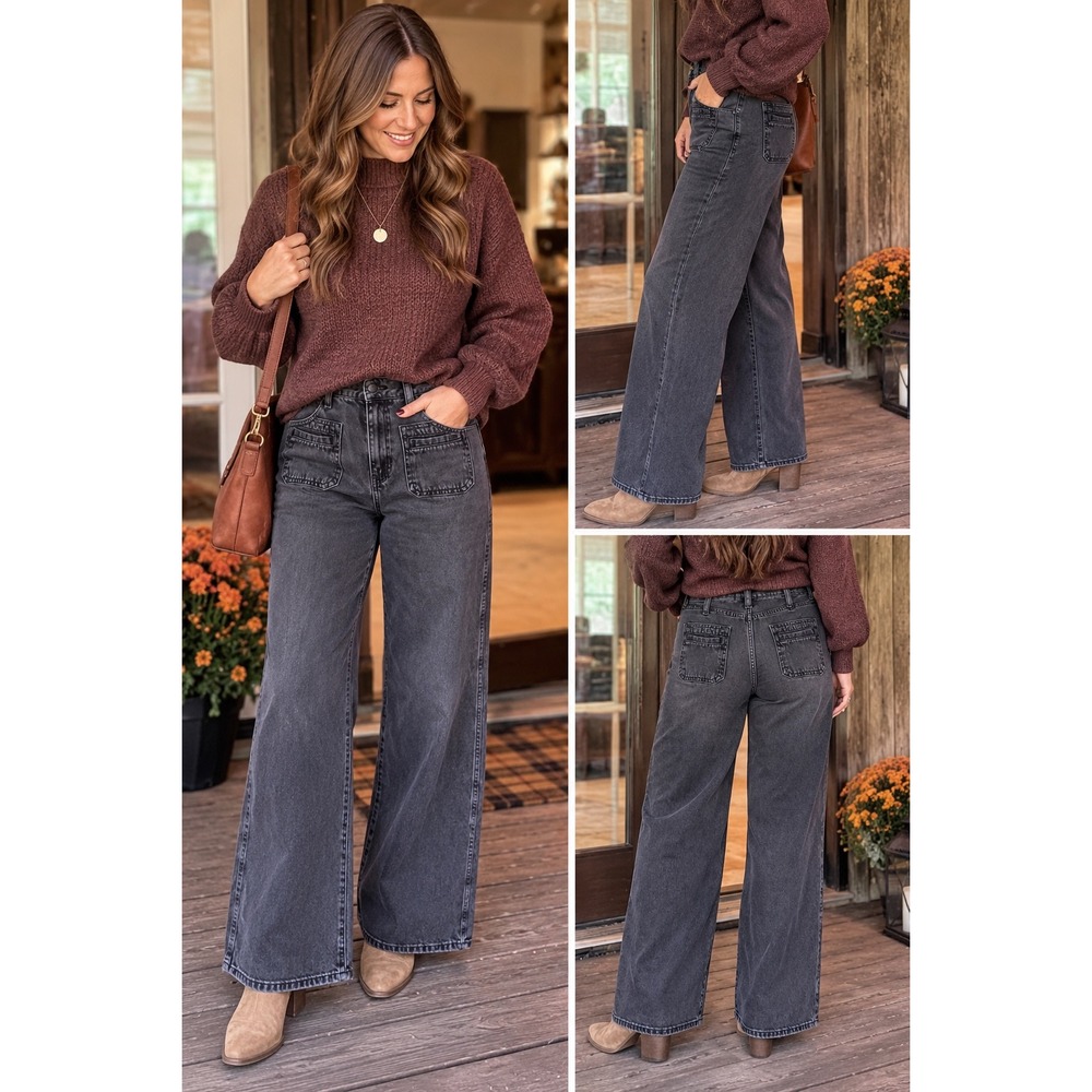 Old Navy High Rise Baggy Wide Leg Jeans Women 2 Tall Washed Black Patch Pocket.